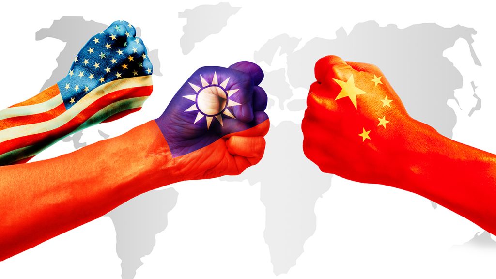 Flags of usa or United States of America, Taiwan and China on hands punch to each others on light gray world map background, USA and Taiwan vs China in World political war concept